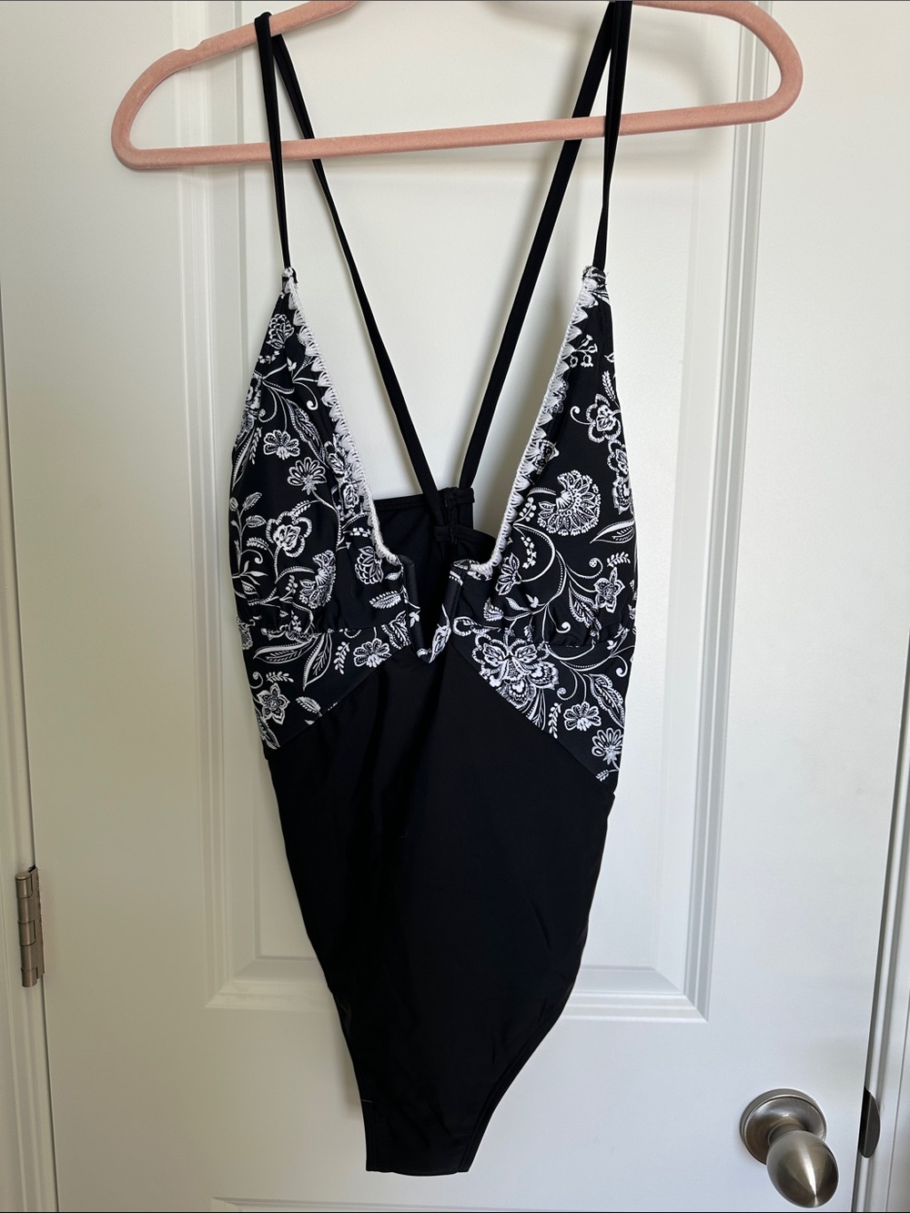 Black One-Piece Swimsuit with White Floral Print
